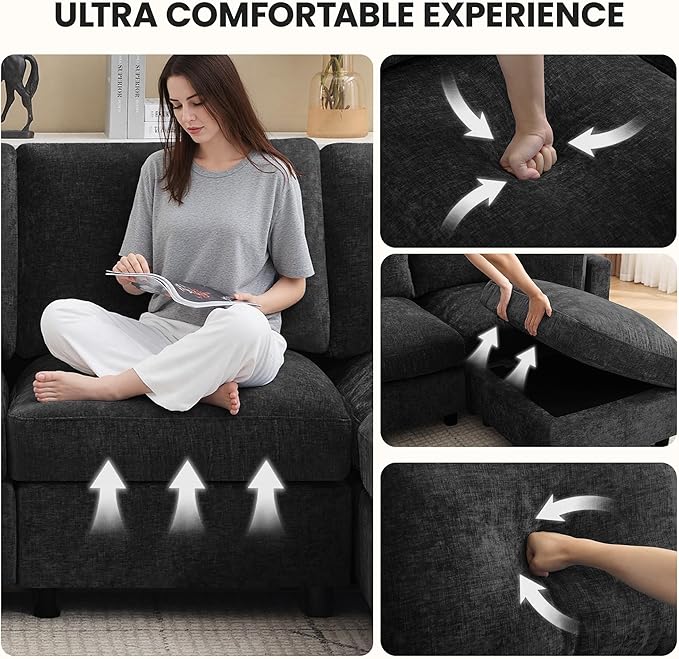 116'' 4-Seater Modular Sectional Cloud Sofa with Ottoman, Convertible L-Shaped Couch for Living Room, Modern Deep Seat Modular Sofa, Chenille Dark Grey
