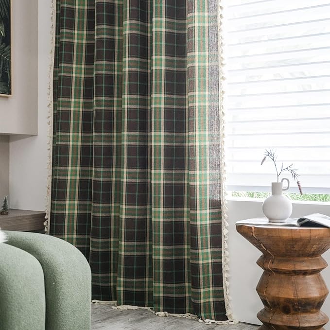 Sutuo Home Boho Curtains for Living Room Bedroom, Vintage Gingham Curtains Christmas Light Filtering Country Bohemian Tassels Vintage Chic Grid for Xmas Decor 1 Panel 52" W x 96" L, Dark Green Plaids