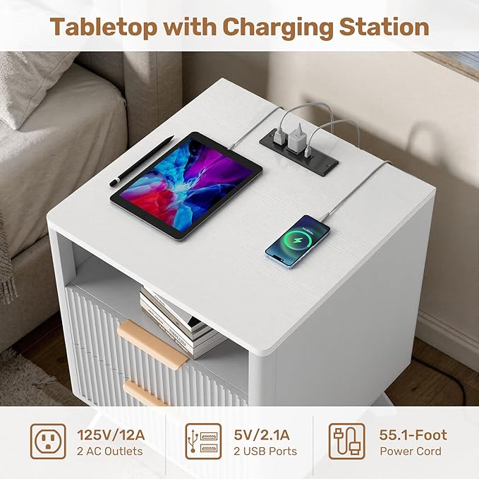Modern Nightstand Set of 2, Side Table with Charging Station,Bedside Tables with Drawer, Mid-Century End Tables for Bedroom, Sturdy Storage Side Tables,White