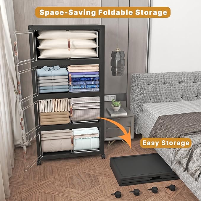 Extra Large Stackable Storage Bins with Lids&Wheels,660QT-165QT/41GAL*4Pack Collapsible Container Closet Organizers,Plastic Stackable Storage drawers for bedroom Dorm