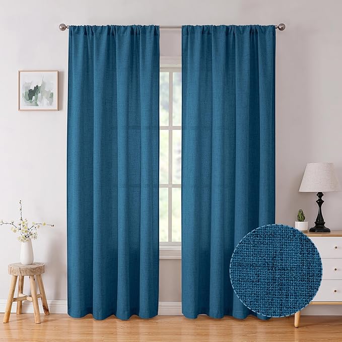 Tollpiz Linen Curtain Living Room Rod Pocket Semi Sheer Curtains Burlap Light Filtering Thick Linen Drape for Bedroom, 54 x 72 inches Long, Classic Blue, Set of 2 Panels