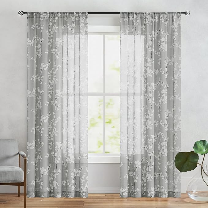 FMFUNCTEX Linen Sheer Curtains for Bedroom, Grey White Blossom Print Curtains 96 Inches Long for Living Room,Floral Patterned Farmhouse Curtain Light Filtering Window Drapes 2 Panels, Rod Pocket