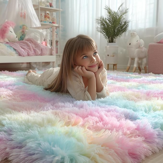 PAGISOFE 9x12 Rainbow Large Area Rug,Plush Rugs for Bedroom Girls,Shaggy Carpet for Kids Room,Fuzzy Nursery Rug for Baby's Toddler's Room,Clorful Room Decor for Teenage Pastel Princess Rug