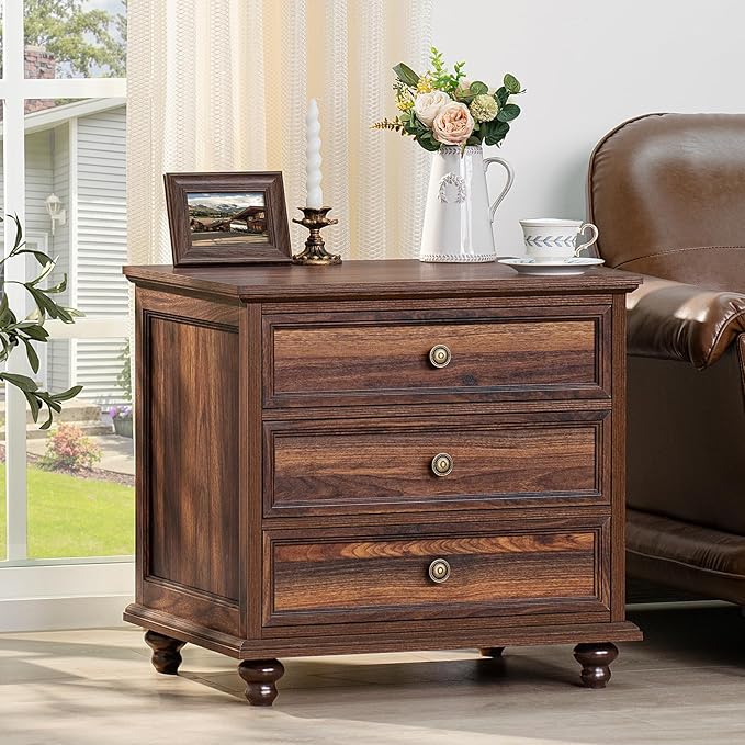 24" Wide Farmhouse Night Stand,Large End Table with 3 Drawers & Metal Handle,Dresser for Bedroom, Wood Bed Side Table Chest of Drawers Cabinet, Retro Brown Nightstand for Living Room,Closet