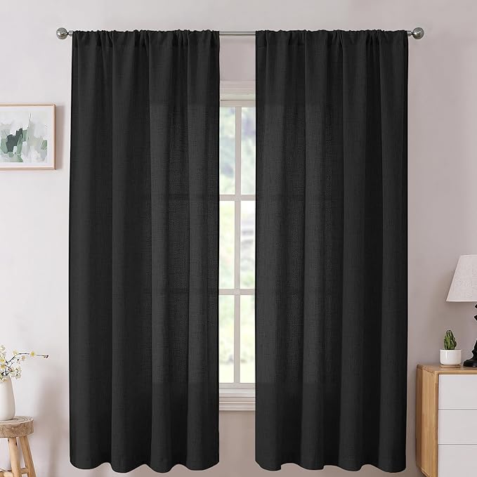 Tollpiz Short Linen Curtains Living Room Rod Pocket Semi Sheer Curtain Burlap Light Filtering Thick Linen Drapes for Bedroom, 54 x 54 inches Long, Black, Set of 2 Panels
