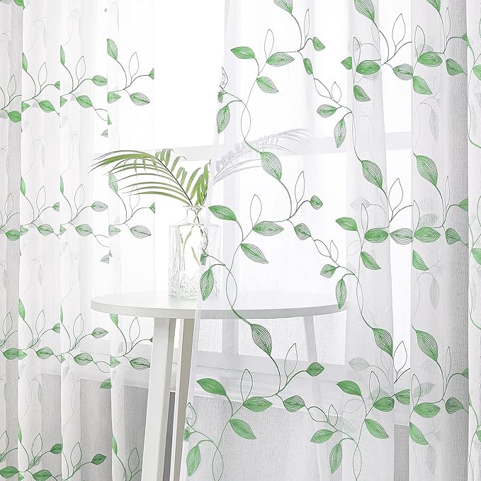Tollpiz Green Leaf Sheer Curtain Leaves Embroidered Living Room Short Curtains Rod Pocket Voile Window Treatment for Bedroom, 54 x 54 inches Long, Set of 2 Panels