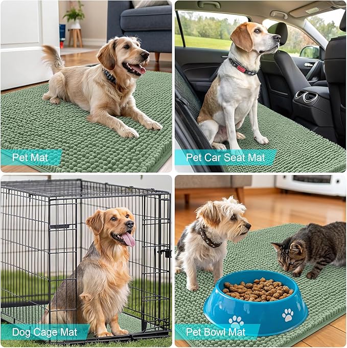 OLANLY Dog Door Mat for Muddy Paws 30x20, Absorbs Moisture and Dirt, Absorbent Non-Slip Washable Doormat, Quick Dry Chenille Mud Mat, Entry Indoor Entryway Carpet for Inside Floor, Olive Green