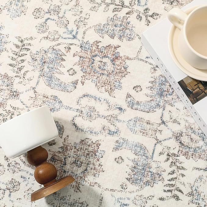 Taupe Area Rug 5x7 Machine Washable Vintage Living Room Distressed Non Slip Carpet Traditional Indoor Bedroom Retro Floral Accent Throw Large Rug for Office Kitchen Bathroom Dining Room