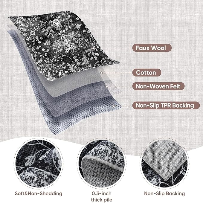 3x6 Runner Rugs for Hallways: Kitchen Runner Non Slip Washable Rug with Rubber Backing Stain Resistant Carpet Low Pile Floral Rugs for Bedroom Bathroom Laundry Living Room Black White 3x6