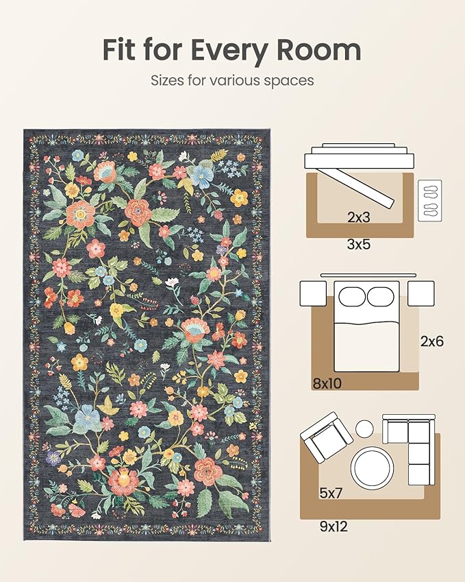 Amada 6x9 Area Rugs, Non-Slip & Low-Profile Living Room Rug with Reinforced Edge Binding, Soft Large Washable Boho Floral Rugs for Living Room, Bedroom, Dining Room