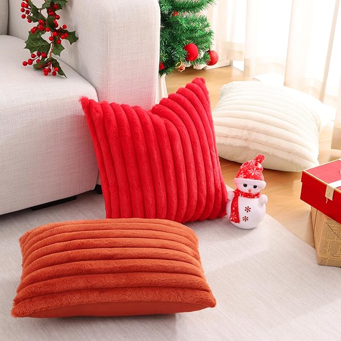 Pallene Faux Fur Plush Christmas Throw Pillow Covers 26x26 Set of 2, Luxury Soft Fluffy Striped Decorative Pillow Covers for Sofa, Couch, Living Room, Red
