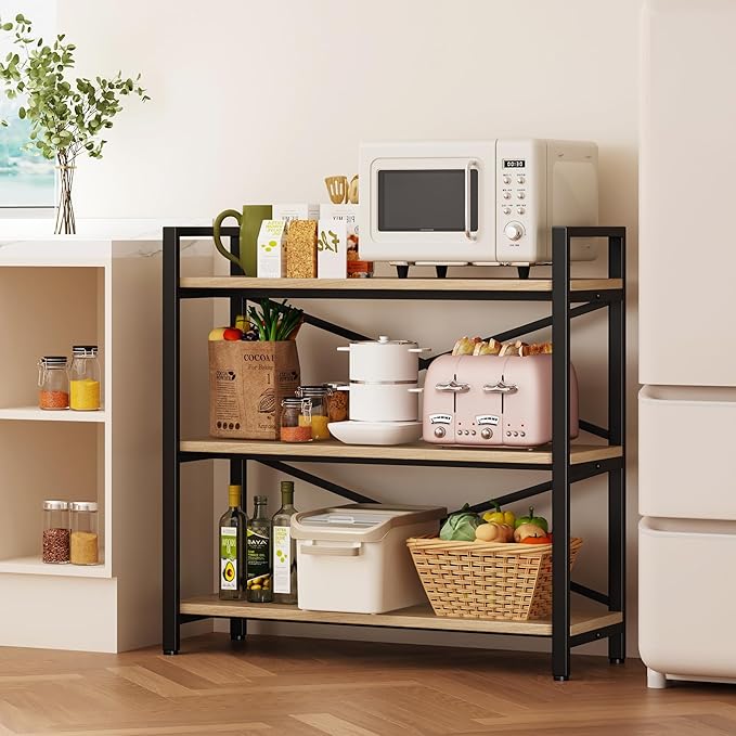 Homeiju 3 Tier Bookshelf 31.49" Width, Wood and Metal Etagere Bookcase, Vintage Farmhouse Modern Wooden Big Book Shelf for Home Living Room Bedroom Office Storage(Light Coffee)