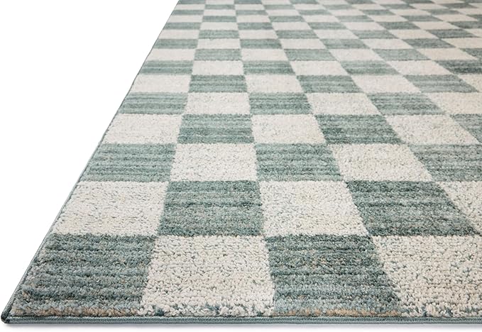 Loloi Chris Loves Julia Calvin Collection CLV-01 Blue/Ivory 9'-6" x 12'-6" Area Rug Checkered Neutral Soft Living Room Bedroom Carpet