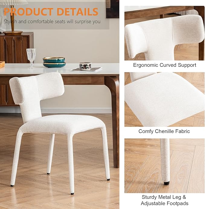Kidol & Shellder Dining Chairs Set of 2,Modern Upholstered Fabric Dining Room Chairs with Curved Barrel Back,Armless Kitchen Chairs with Metal Legs and Padded Seat for Living Room and Bedroom Beige