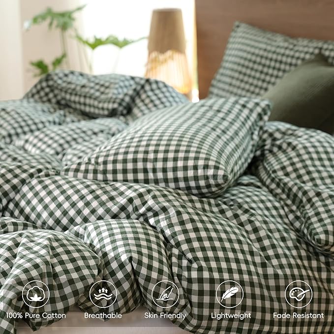 MooMee Gingham Duvet Cover Set 100% Washed Cotton Linen Like Textured Breathable Durable Soft Comfy Modern Checkered Design (Forest Green Gingham, Super Queen 90"x98")