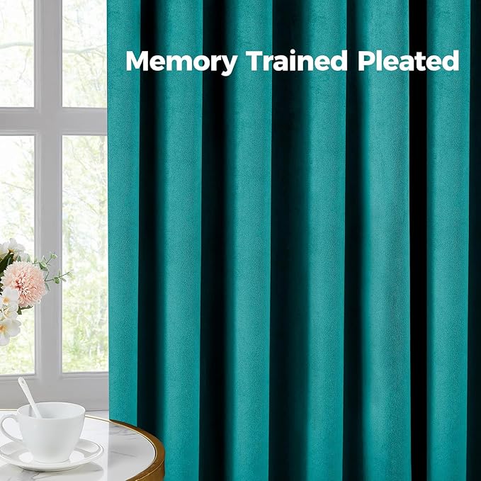Pinch Pleated 100% Blackout Curtains for Bedroom, Teal Velvet Curtains for Living Room, Black Out Curtain 86 inch Long Room Darkening, Blackout Pinch Pleat Drapes with Hooks 2 Panels