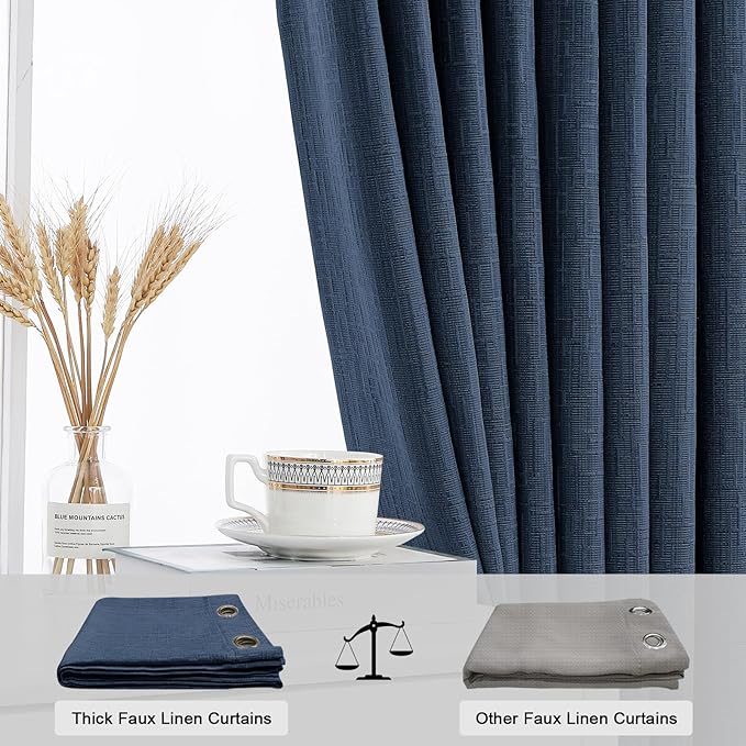 Linen Curtains 166 inch Length 2 Panels for High Ceiling Extra Long Thick Faux Linen Window Drapes Burlap Textured Curtains with Grommet for 2 Story High Living Room (52x166 Navy)
