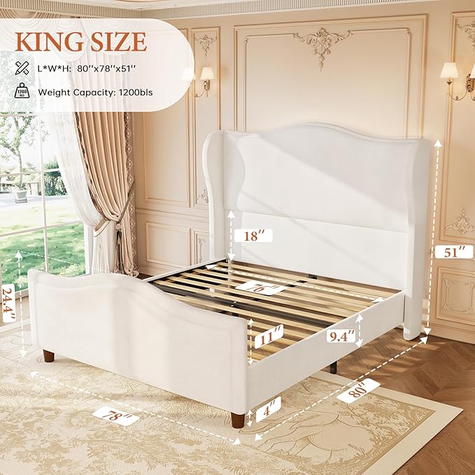 koorlian King Size Bed Frame Chenille Fully Upholstered Bed with Headboard and Footboard, 51" High Tufted Wingback Sleigh Upholstered Platform Bed, Modern Retro Minimalist Style, Easy Assembly, Cream