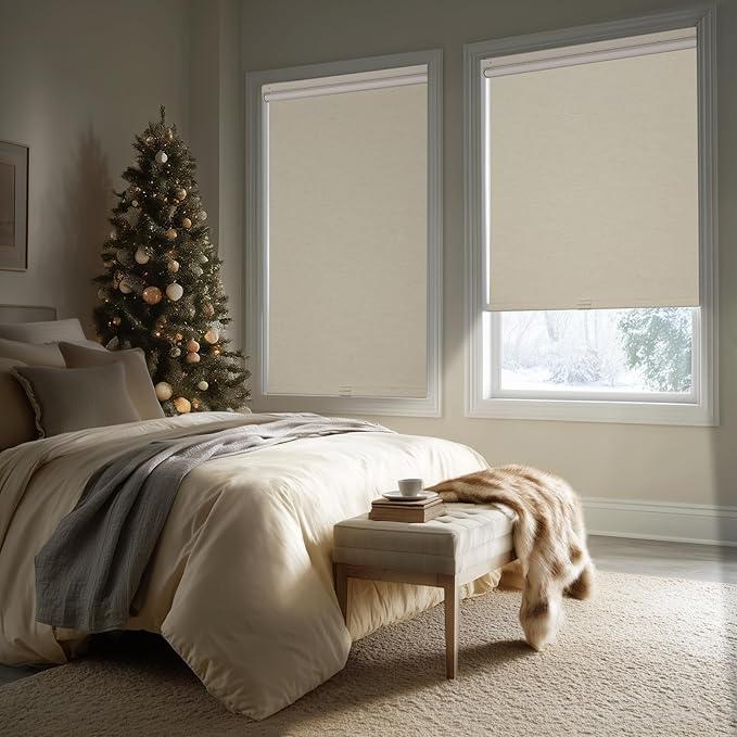 HESTIA No Drill Cordless Blackout Roller Shades Screwless Waterproof Shower Window Blinds, Auto-Retraction Easy Install Blind for Bedroom/Living Room/Kitchen, Cream Linen, 47" W x 72" H