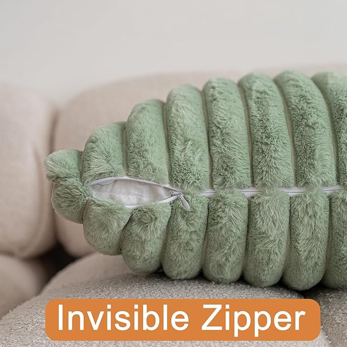 Double-Sided Faux Fur Plush Throw Pillow Covers 20x20 Set of 2 Fuzzy Striped Soft Cozy Pillowcase Luxury Decorative Pillows Square Shaggy Cushion Covers for Couch Sofa Bed,Sage Green