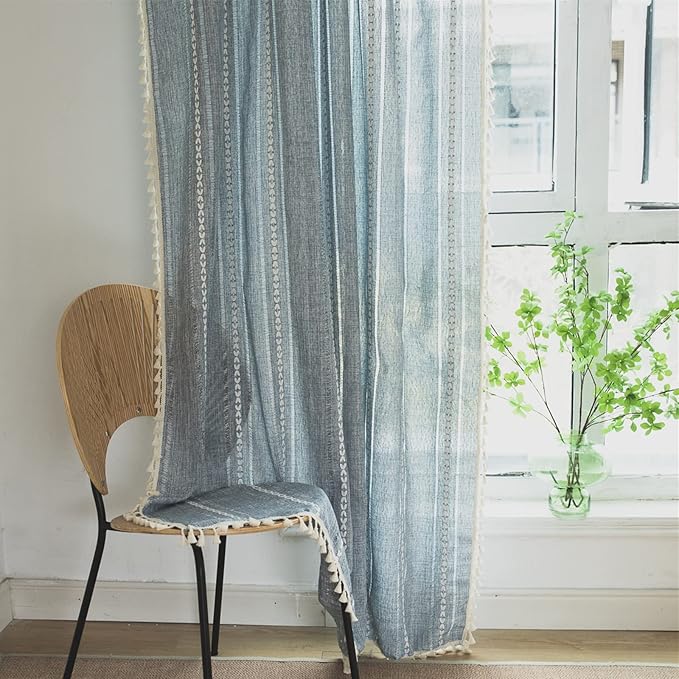 Sutuo Home Boho Curtains Striped Embroidery for Bedroom Living Room Patio, Semi-Blackout Linen French Country Vintage Chic Tassels Hollow Window Treatment Bohemian Drape, 1 Panel 52" W x 108" L, Blue
