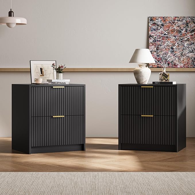 3-Piece Dresser Bedroom Set, 9 Drawer Dresser & 2 Drawer Nightstands with Gold Handles, Fluted Wood Chest of Drawers for Bedroom, Living Room, Entryway, Black