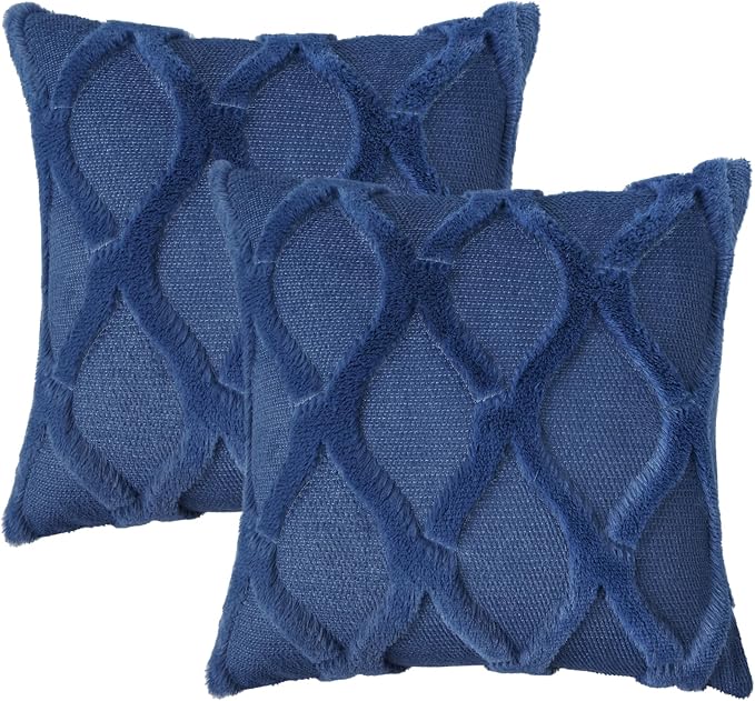 decorUhome Spring Throw Pillow Covers 18x18 Inch Set of 2, Soft Plush Faux Fur Wool Dark Blue Couch Pillow Covers, Decorative Neutral Pillow Cases for Bed Sofa Living Room Home Decor