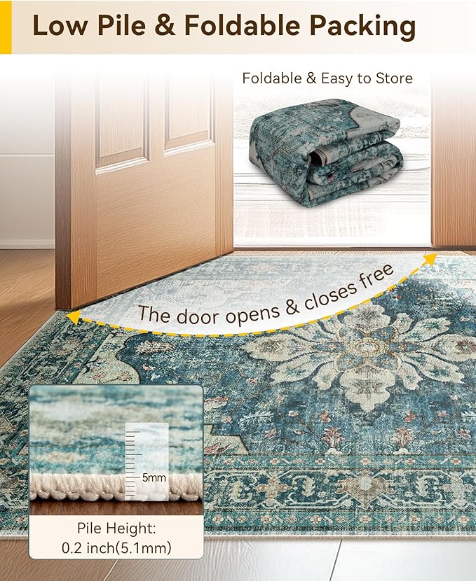 Area Rugs 2'6''x10' Washable Non-Slip, Floral Vintage Distress Print Pattern Medallion Carpet for Living Room Bedroom Dining Room, Dark Blue Vintage