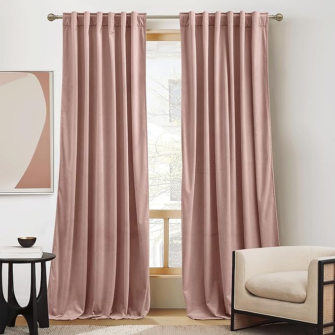 RYB Home Dusty Pink Velvet Curtains for Girls Bedroom - Blackout Thermal Insulated Drapes Window Treatment Luxury Solid Decor for Nursury Dorm, W52 x L90 inches, 2 Panels