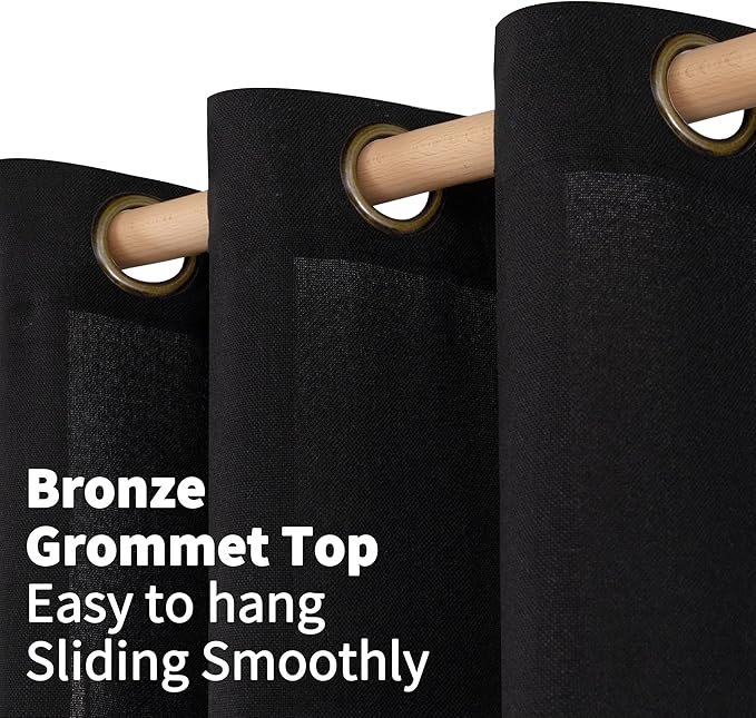YoungsTex Black Linen Curtains 90 Inch Length for Living Room, Light Filtering Semi Sheer Window Drapes with Bronze Grommet Privacy Decorative for Bedroom Farmhouse, 52 x 90 Inch, 2 Panels