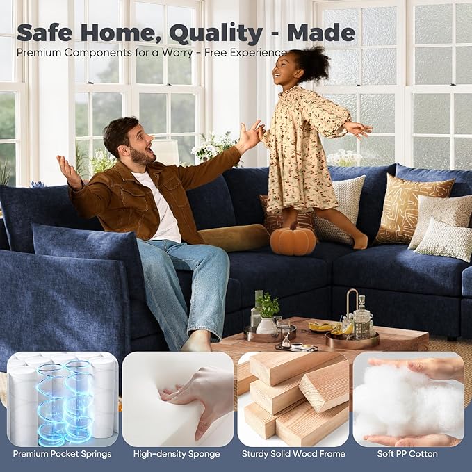 ABCASA 102.6" Modular Sectional Sofa, L Shaped Couch Set for Living Room, 3-Seater Comfy Cloud Couches with Movable Storage Ottoman,DIY Combination - Chenille Blue