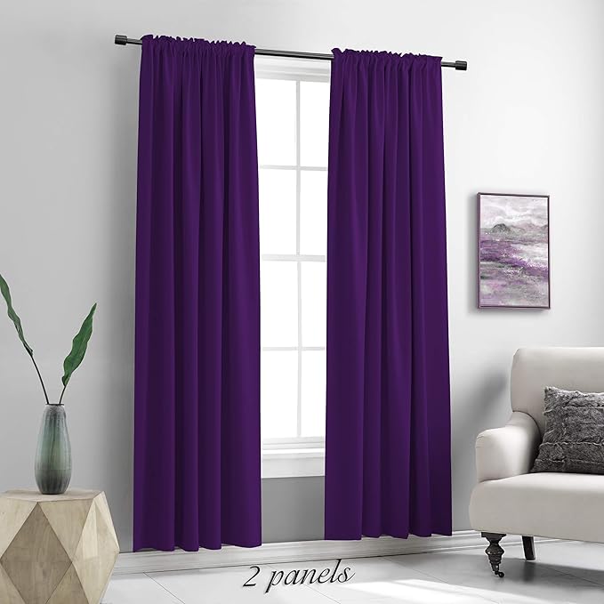 DONREN Extra Long 108 inch Length Blackout Curtains for Large Windows,Rod Pocket Soft and Touching Living Room Sweep to Floor for Villa(Deep Purple,2 Pack,52 W by 108 inches Long)