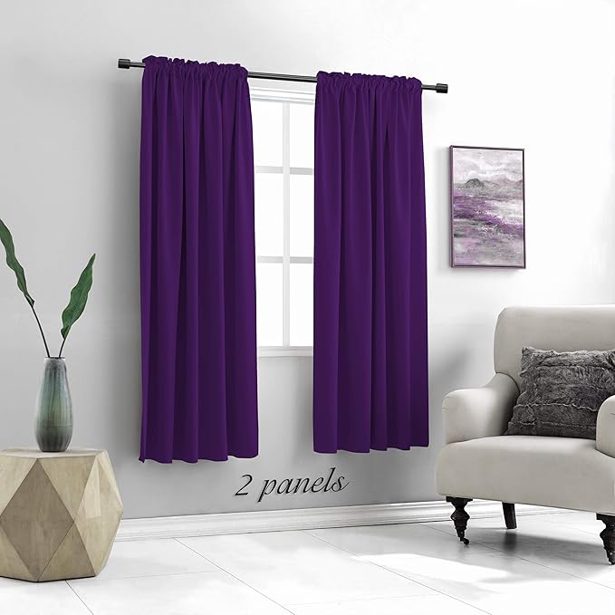 DONREN 72 Inch Length Royal Purple Blackout Curtains for Kitchen - Small Window Treatment Rod Pocket Curtain Drapes for Bedroom(Set of 2 Panels)