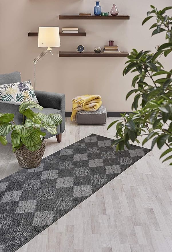 Custom Length Hallway Runner Rug,Slip Resistant,Squares Anthracite, 26 Inch X 27 feet, Sold and Priced Per Foot