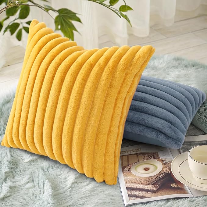 decorUhome Faux Fur Spring Throw Pillow Covers 22x22 Set of 2, Decorative Soft Plush Striped Neutral Couch Euro Sham Pillow Covers with Velvet Back for Sofa, Bed, Living Room Home, Mustard Yellow
