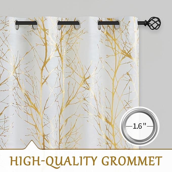FMFUNCTEX Linen Semi Sheer Curtains, Gold Foil Metallic Print White Tree Panel for Bedroom & Living Room, Light Filtering 63 Inch Grommet Top 2 Panels