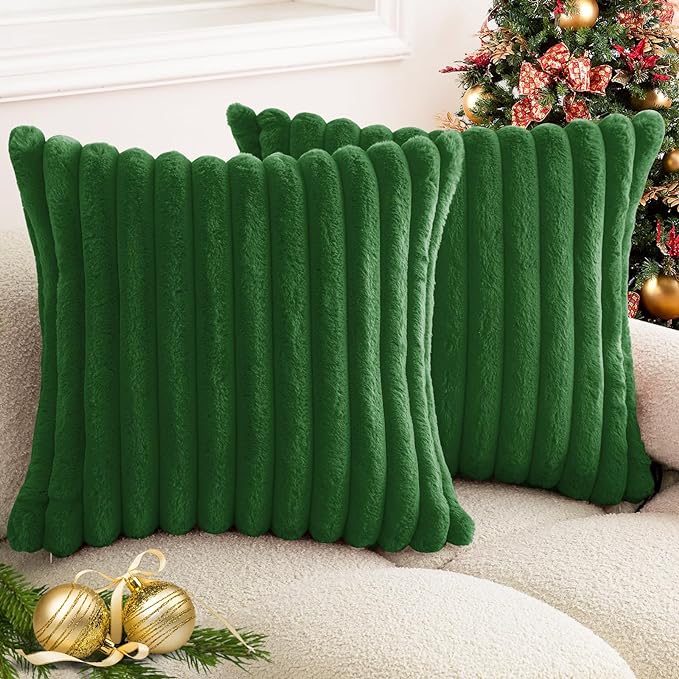 Christmas Dark Green Faux Fur Plush Throw Pillow Covers 20x20 Set of 2 Fuzzy Striped Soft Cozy Pillowcase Luxury Decorative Pillows Square Fluffy Cushion Covers for Couch Sofa Bed