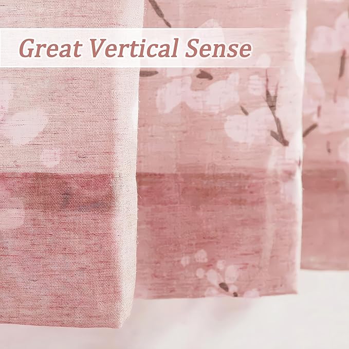 FMFUNCTEX Linen Sheer Curtains for Bedroom, Blush Pink Blossom Patterned 96 Inches Long for Kids Room Girl's Room, Floral Patterned Drapes Light Filtering for Living Room, Rod Pocket 2 Panels