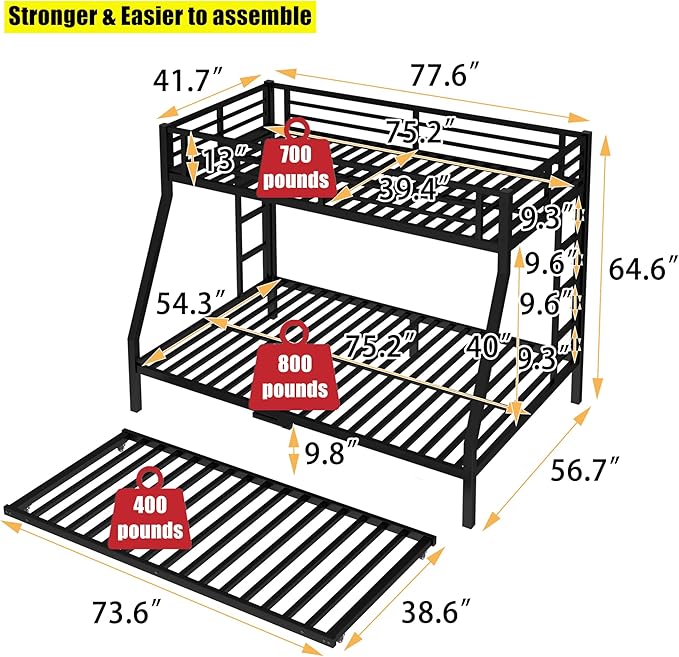 Upgraded & Stronger Heavy Duty Metal Twin Over Full Bunk Bed with Twin Size Trundle for Adults & Teens, Thickened More Stable Safer Bunkbeds (Greater Weight Capacity)