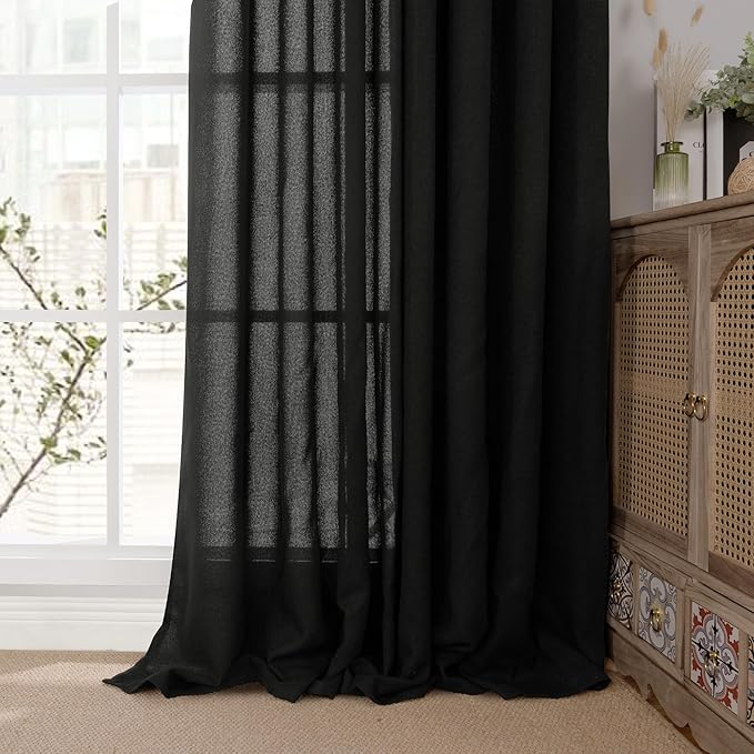 YoungsTex Black Linen Curtains 90 Inch Length for Living Room, Light Filtering Semi Sheer Window Drapes with Bronze Grommet Privacy Decorative for Bedroom Farmhouse, 52 x 90 Inch, 2 Panels