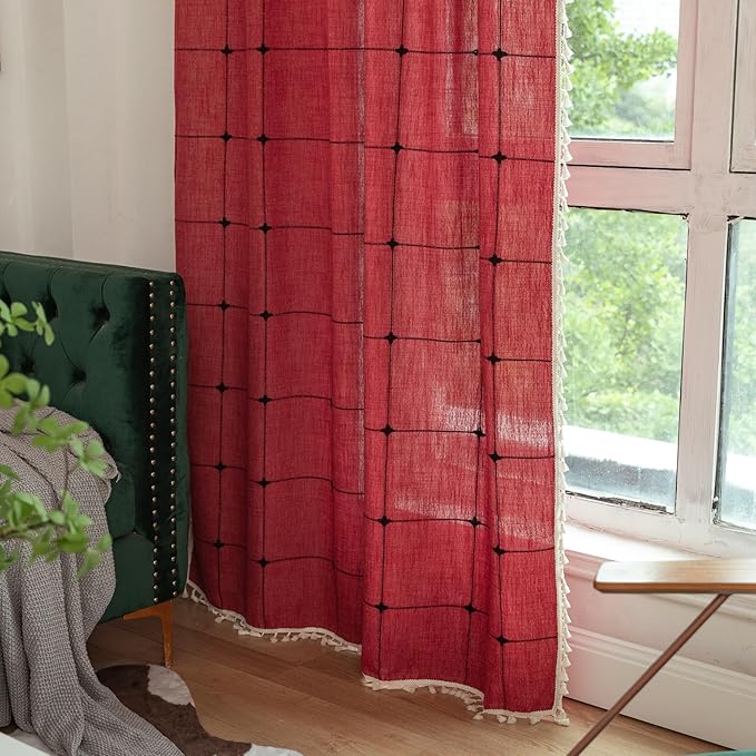 Sutuo Home Boho Curtain for Bedroom 84 Inch Length, Linen Light Filtering Country Farmhouse Vintage Chic Tassels Window Treatment Bohemian Drape for Xmas Decor 1 Panel 52" W x 84" L, Red Plaids