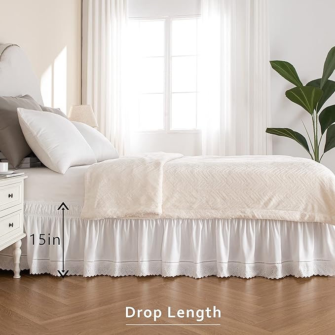 MIYE Wrap Around Ruffled Lace Bed Skirt, Elastic Dust Ruffle with Adjustable Belts,15 Inch Drop Easy to Put On, Bed Frame Cover, Machine Washable (Embroidered, King/Queen-15)
