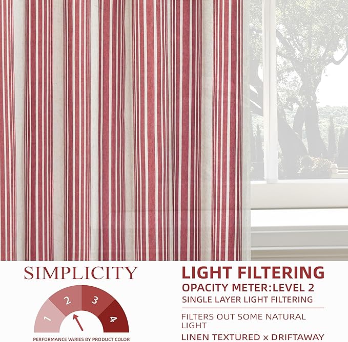 DriftAway Farmhouse Vertical Striped Linen Blend Textured Light Filtering Semi Sheer Curtains for Living Room Bedroom 36 Inches Long Drapes 2 Panels Broad Striped Red