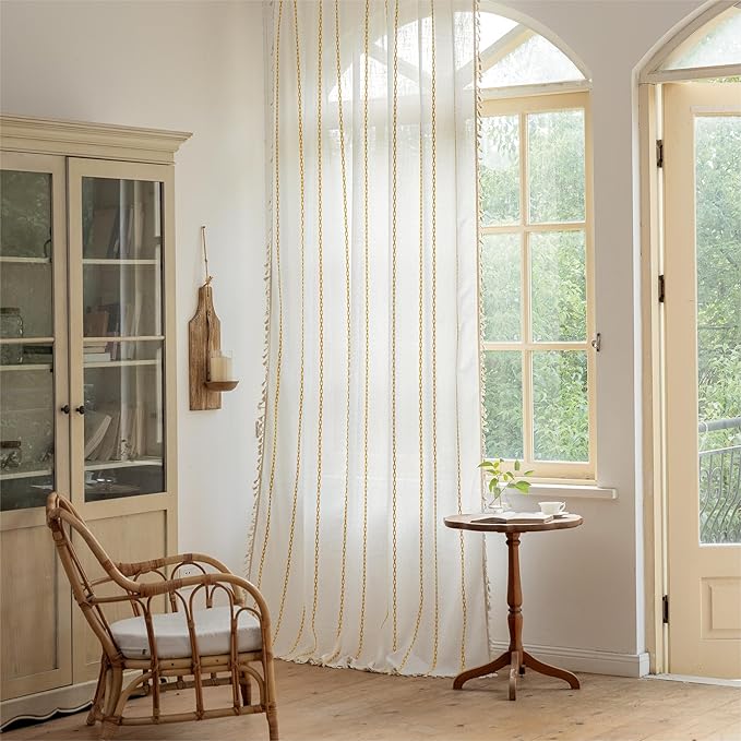 Sutuo Home Boho Curtains for Bedroom Living Room 108 inches Long,Semi Blackout Farmhouse Tassels Vintage Bohemian Embroidery Drape, Rod Pocket 1 Panel 52" W x 108" L, White and Gold