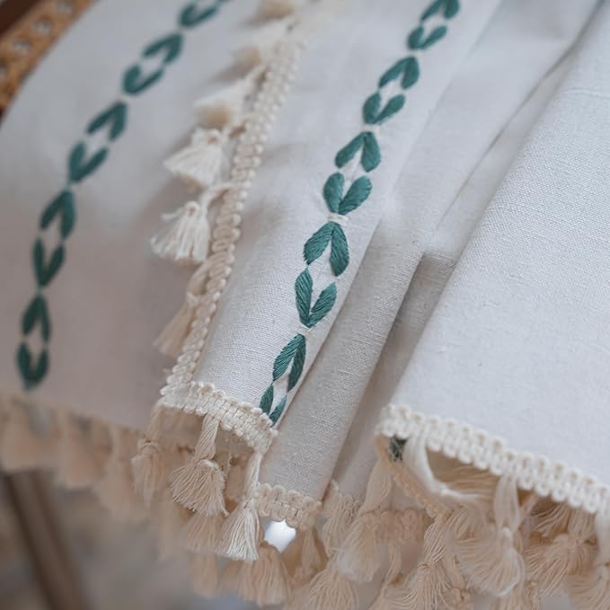 Sutuo Home Boho Curtains 90 inches for Bedroom Living Room, Semi Blackout Farmhouse Tassels Vintage Privacy Bohemian Embroidery Drape, Rod Pocket 1 Panel 52" W x 90" L, White and Emerald Green