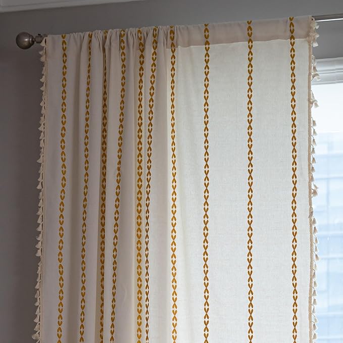 Sutuo Home Boho Curtains for Bedroom Dining Room Kitchen, Semi Blackout Farmhouse Vintage Chic Tassels Window Treatment Bohemian Embroidery Drape, Rod Pocket 1 Panel 52" W x 63" L, White and Gold