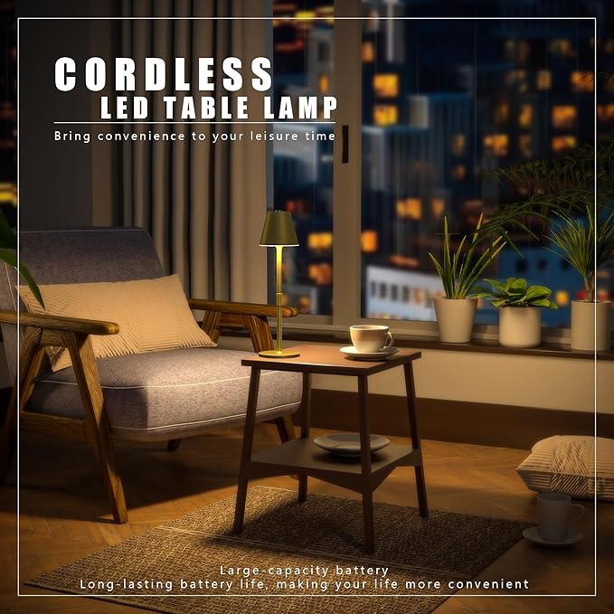 2Pack LED CordlessTable Lamp,4000mAh Rechargeable Battery Desk lamp,3 Level Brightness Night Light, Simple Design, for Couple Dinner/Coffee Table/Restaurant/Bedroom(Champagne Gold 2Pack)