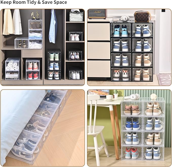 KEFA XL Shoe Storage Box, 6 PACK Shoe Boxes Clear Plastc Stackable Organizer, Clear Plastic Shoe Boxes Fit for US 15 (6 PACK BLACK)