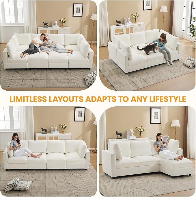 116'' 4-Seater Modular Sectional Cloud Sofa, Straight-Line Couches for Living Room, Modern Upholstered Deep Seat Sofa, Chenille Beige