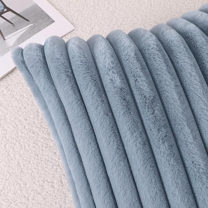 Pallene Faux Fur Plush Throw Pillow Covers 16x16 Set of 2, Luxury Soft Fluffy Striped Decorative Pillow Covers for Sofa, Couch, Living Room, Blue Grey